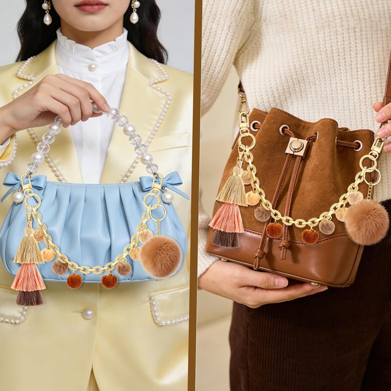 TUCEWP Boho Purse Chain Strap 13.7 Inch Chunky Metal Bag Handle Shoulder Strap Replacement with Pom Pom Pendant Fringe Keychain Charms Vintage Handbag Decoration Chain Bag Accessories Charms for Women - Image 4